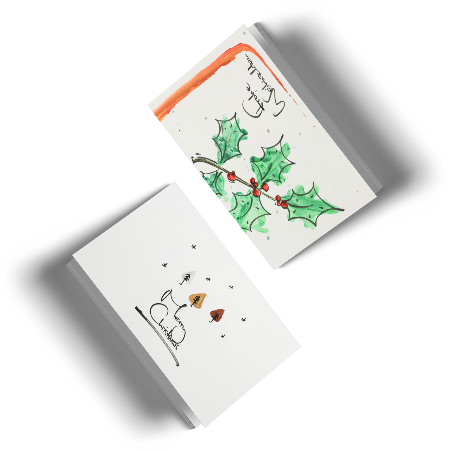 Zwei minimalistisch handgemalte Weihnachtskarten mit Tannenbäumen und Mistelzweig mit Weihnachtsgrüßen auf weißem Hintergrund